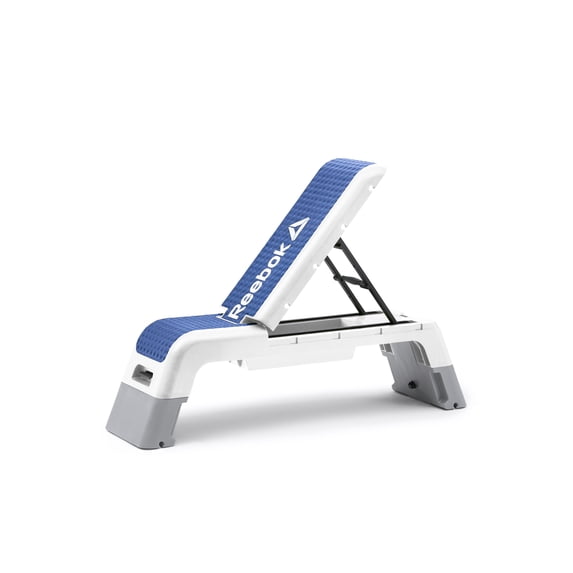 Reebok Fitness Delta Deck Multipurpose Adjustable Weight Bench Aerobic Strength Training Incline and Decline, White/Blue