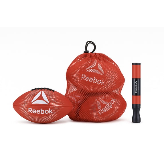 Reebok Delta Varsity Football set – Sponge Cushion Rubber Football, Dual Action Pump & Mesh Carry Bag – High School & College Play Kit