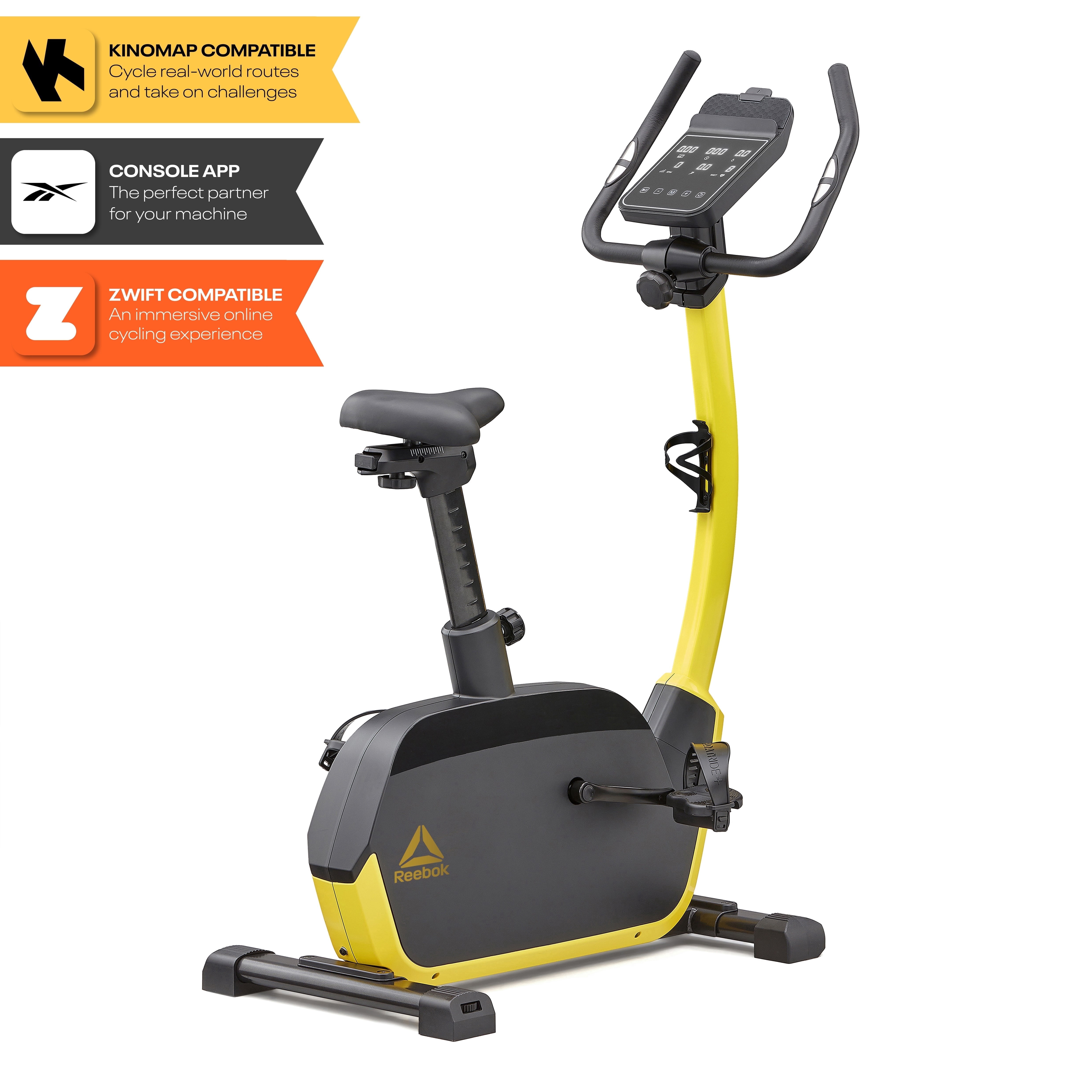 Reebok Fitness Delta FR30 Exercise Bike, Yellow, Indoor Upright Stationary Cycling, Cardio Exercise, bluetooth, 32 electronic resistance levels