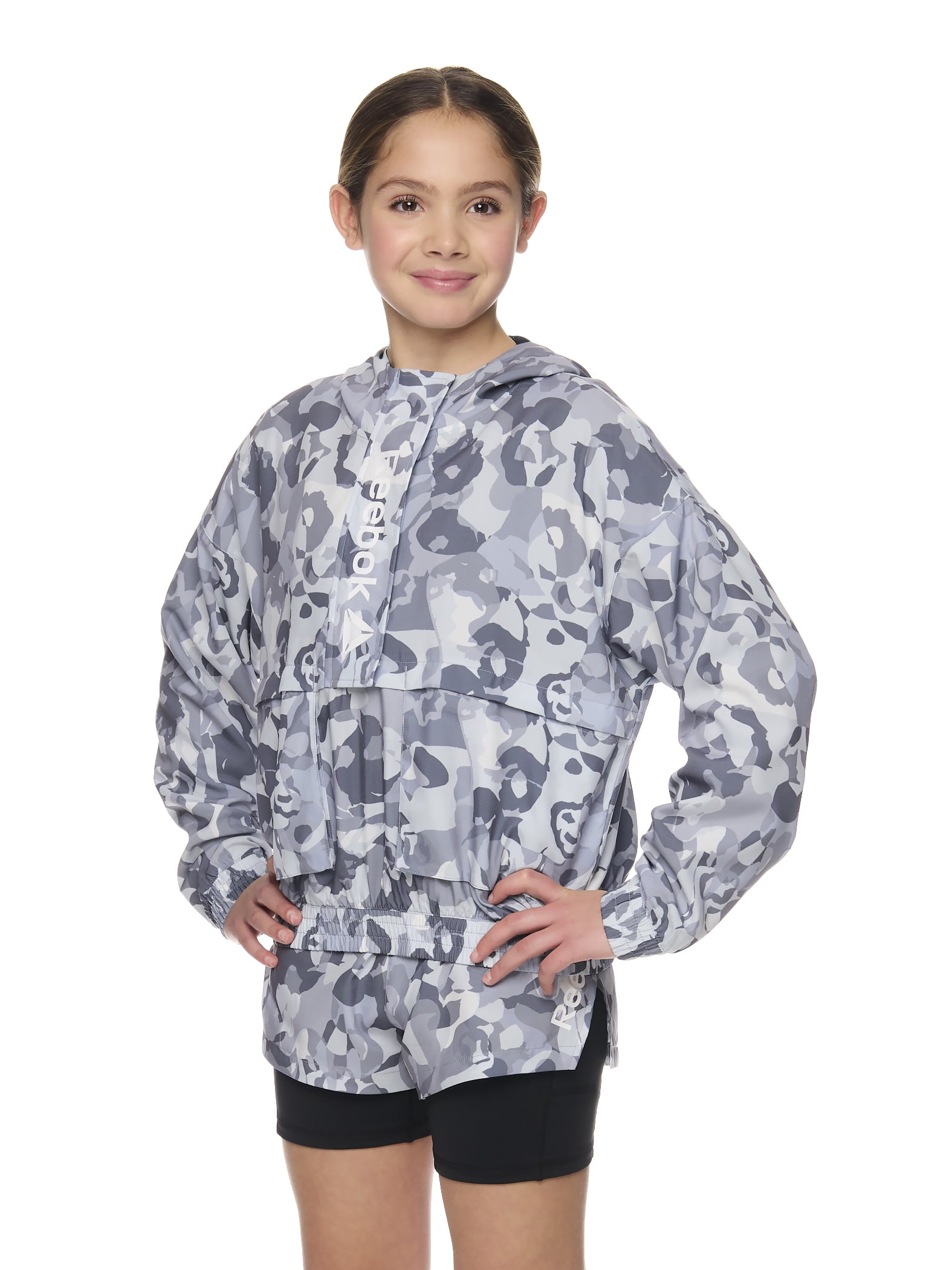 Reebok Girl s Active Hooded Abstract Camo Zip Windbreaker Sizes 4 18 Walmart