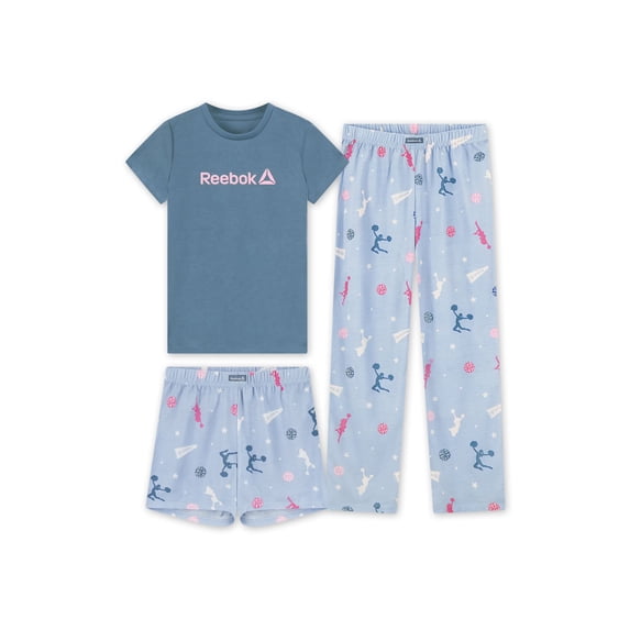 Reebok Girls’ Sleepwear, 3-Piece Tee, Short & Pant Pajama Set, Sizes S - XL