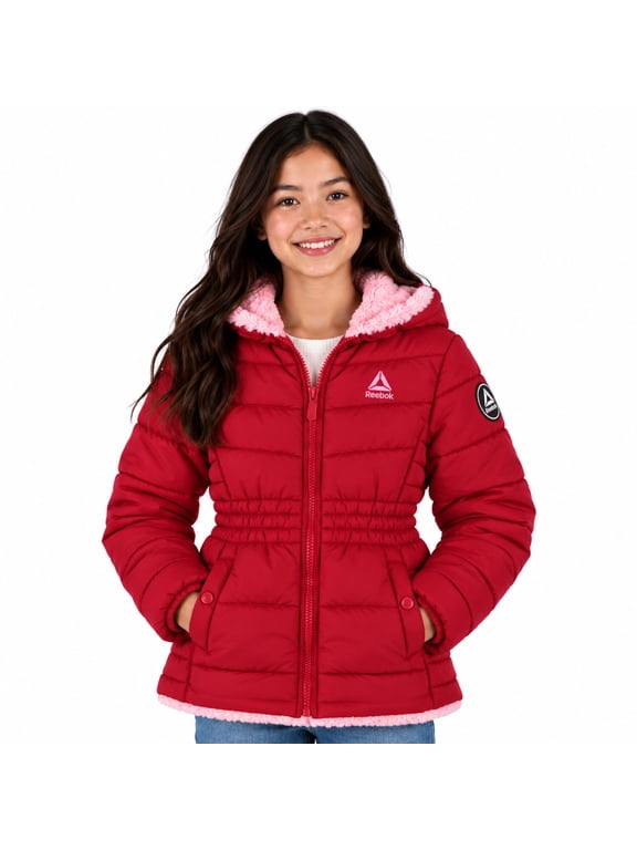 Girls Winter Jacket Sherpa Lined Reversible Quilted Puffer Coat, Hooded Sizes 4-16