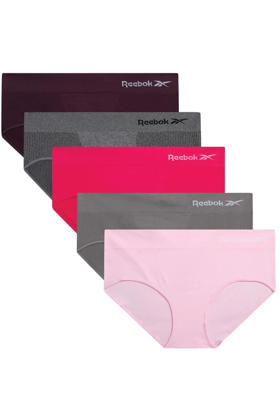 Hipster Panties for Women - 5 Pack Stretch Performance Seamless Underwear with Relaxed Tag-Free Waistband (S-XL), Size Large, Heather Grey/Pink Lady/Sharkskin/Rasberry/Plum - L