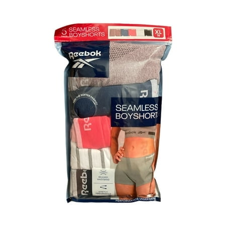 Reebok Ladies 5 Pack Relaxed Waistband Stretch Seamless Boyshorts (White Stripe/Fig Melange, L (12-14))
