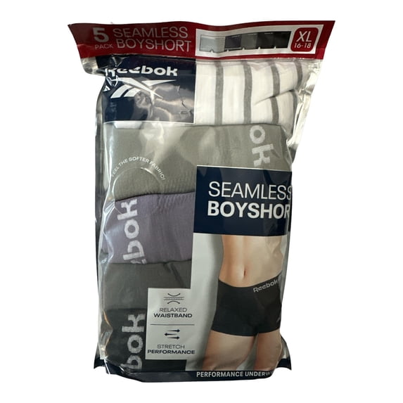 Reebok Ladies 5 Pack Relaxed Waistband Stretch Seamless Boyshorts (White Stripe Melange/Cadet/Sharkskin/Blackened Pearl/Black, XS (0-2))