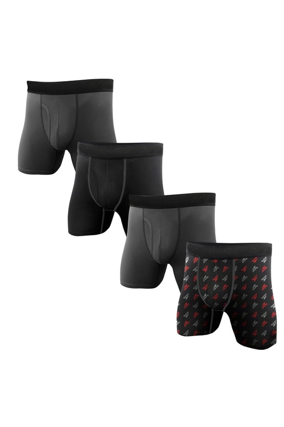 Men's Boxer Briefs - 4 Pack 6'' Inseam Stretch Performance Underwear Quick Dry Moisture Wicking Boxers - Grey/Black/Black-Print Medium - M