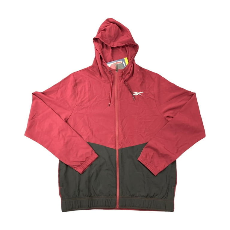 Reebok Men s Full Zip Color Block Drawcord Adjustable Hood Training Woven Jacket Maroon Black L