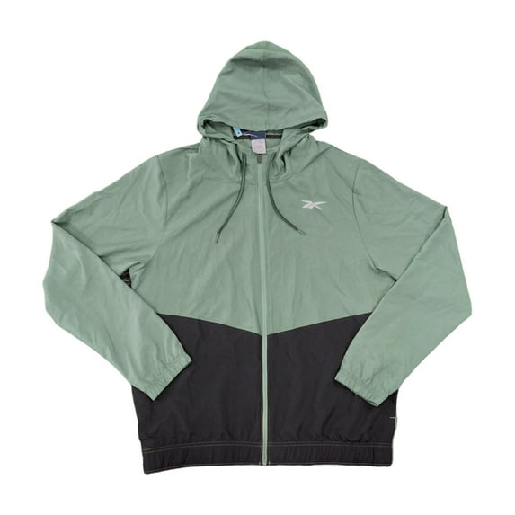 Reebok Men's Full Zip Color Block Drawcord Adjustable Hood Training Woven Jacket (Mossy Green/Black, L)