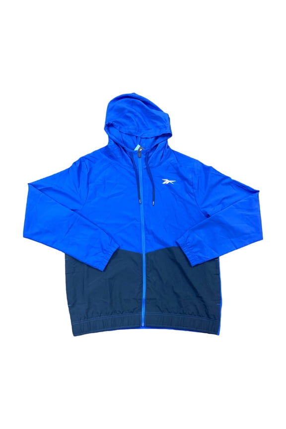 Men's Full Zip Color Block Drawcord Adjustable Hood Training Woven Jacket (Vector Blue/Vector Navy, XL)