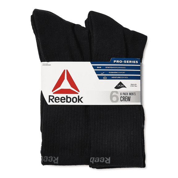 Reebok Men's Pro Series Crew Socks, 6-Pack Black Color