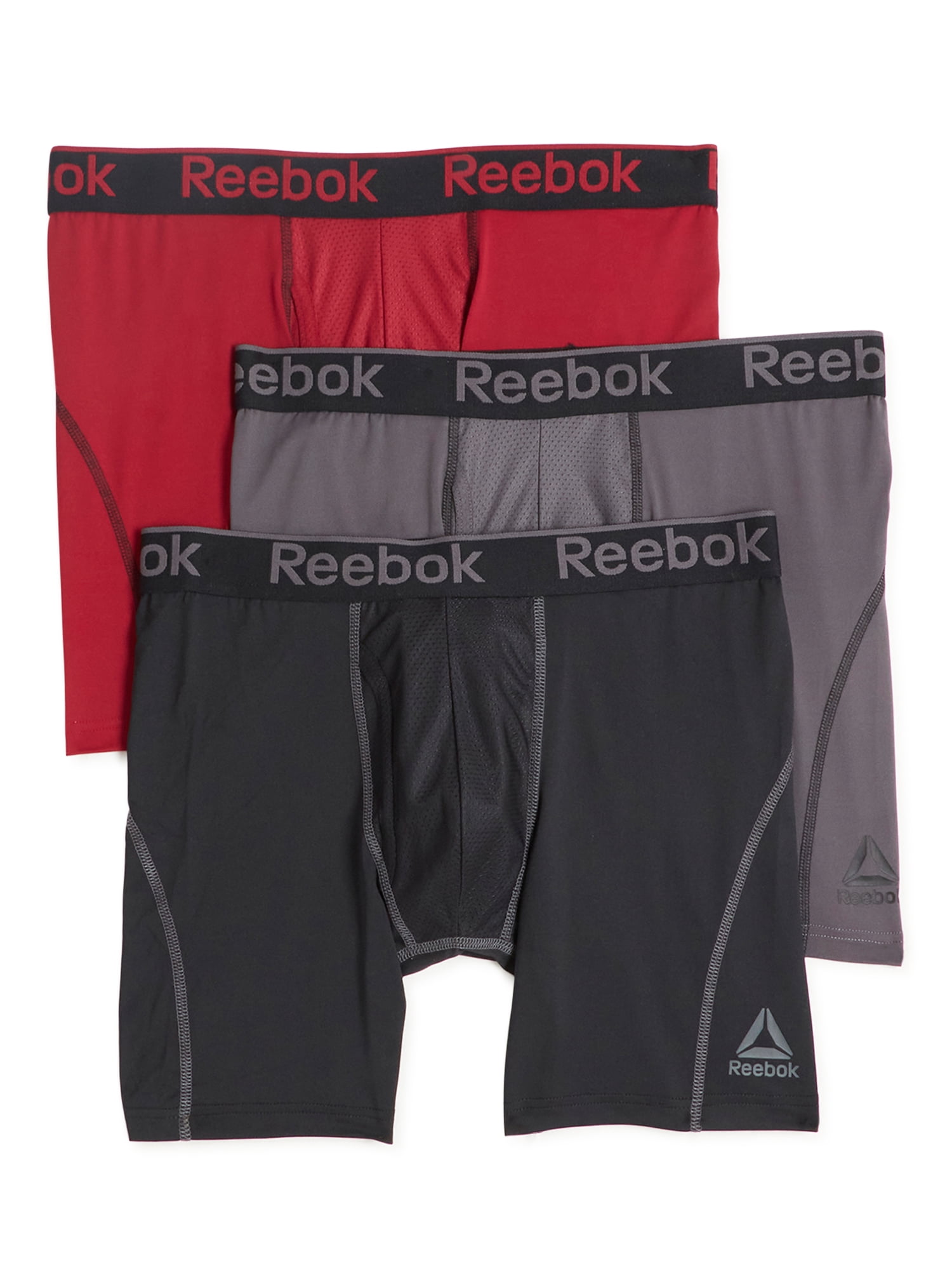 Reebok Men's Featherweight Performance Boxer Briefs Extended Length  Underwear, 7.5-Inch, 3-Pack 