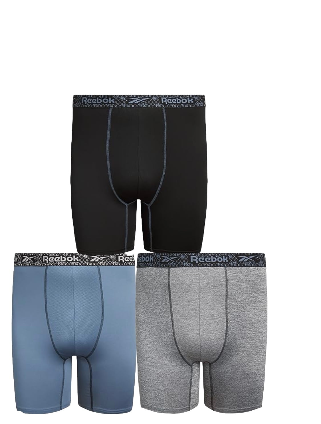 Reebok Mens Big & Tall Performance Boxer Briefs with Fly Pouch - 3 Pack (Black/Blue/Charcoal), XXL