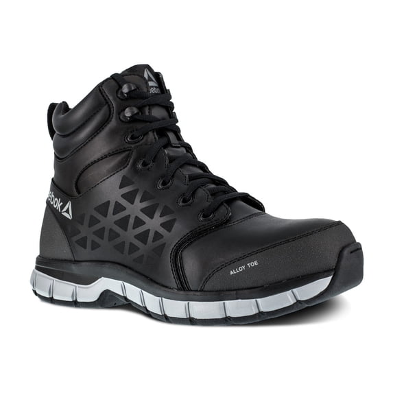 Reebok Mens Black/Grey Leather Work Boots 6in Athletic AT 4 M