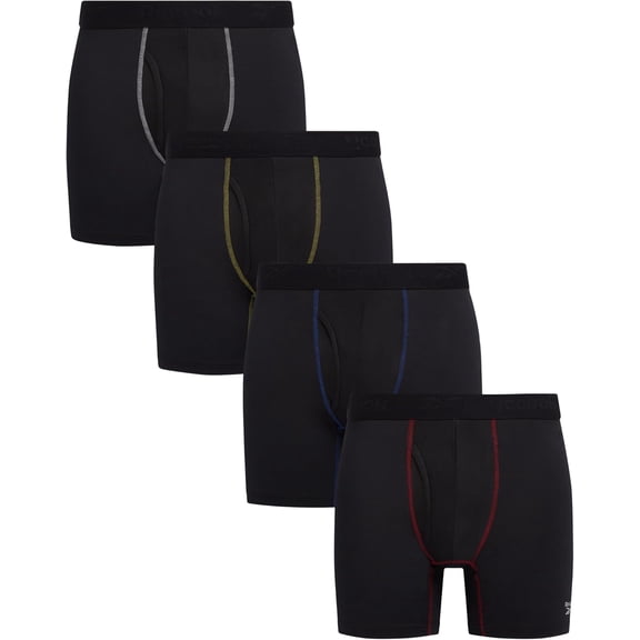 Reebok Mens Boxer Briefs - 4 Pack Stretch Performance Boxers for Men with Functional Fly, 6" Inseam Mens Underwear Boxers - S