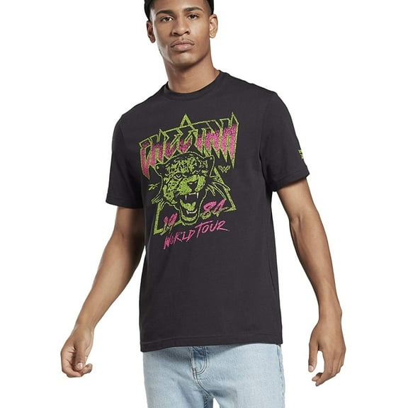 Reebok Mens Cheetah World Tour 1984 Graphic T-Shirt, Black, Medium