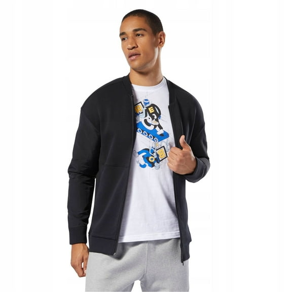 Reebok Mens Solid Full Zip Bomber Jacket, Black, X-Large