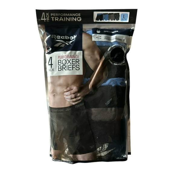 Reebok Mens Speedwick Performance Boxer Briefs 4 Pk (Black/Blue/Grey, L (36-38))