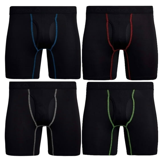 Reebok Mens Speedwick Stretch Performance Boxer Briefs with Fly Pouch - 4 Pack, (Black/Black/Black/Black) XXL