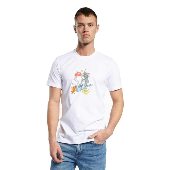 Reebok Mens Tom and Jerry Birthday Graphic T-Shirt, White, X-Small