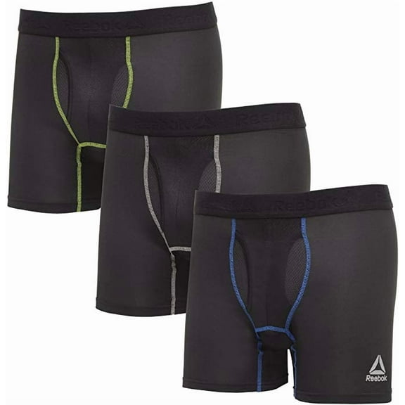 Reebok Performance Boxer Brief - 3 Pack, Black With Contrast Stitching Green, Grey, Blue, S