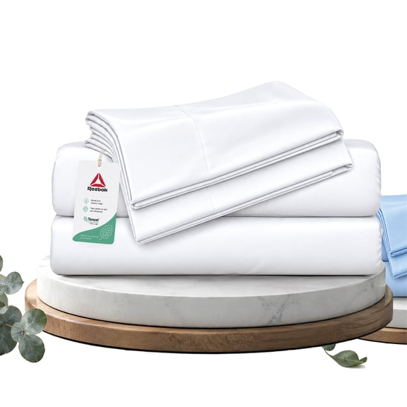 Reebok Rbk Chill Cooling 4-Piece 300 Thread Count White Cotton Tencel Blend Sheet Sets, Queen - Moisture Wicking