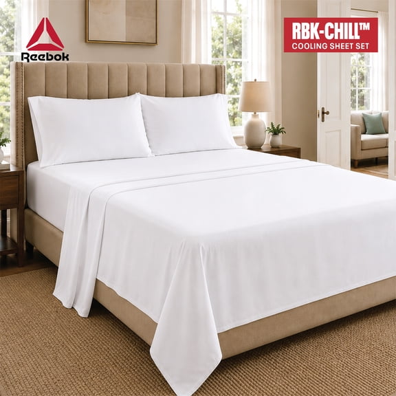 Reebok RBK Chill Cooling Sheet Set,300TC Sateen Cotton & TENCEL™ Blend, Moisture-Wicking, Deep Pocket, Queen, White, 4-Piece