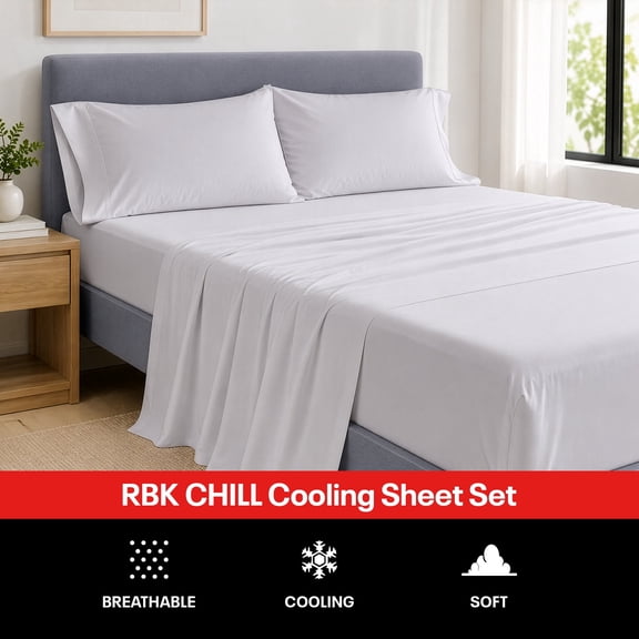 Reebok RBK Chill Cooling Sheet Set, 300TC Sateen Cotton & TENCELâ„¢ Blend, Moisture-Wicking, Deep Pocket, Twin, White, 3-Piece