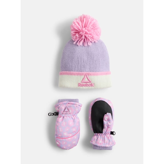 Reebok Toddler Girls' Beanie Hat and Sport Mittens Set, 3-Piece, One Size
