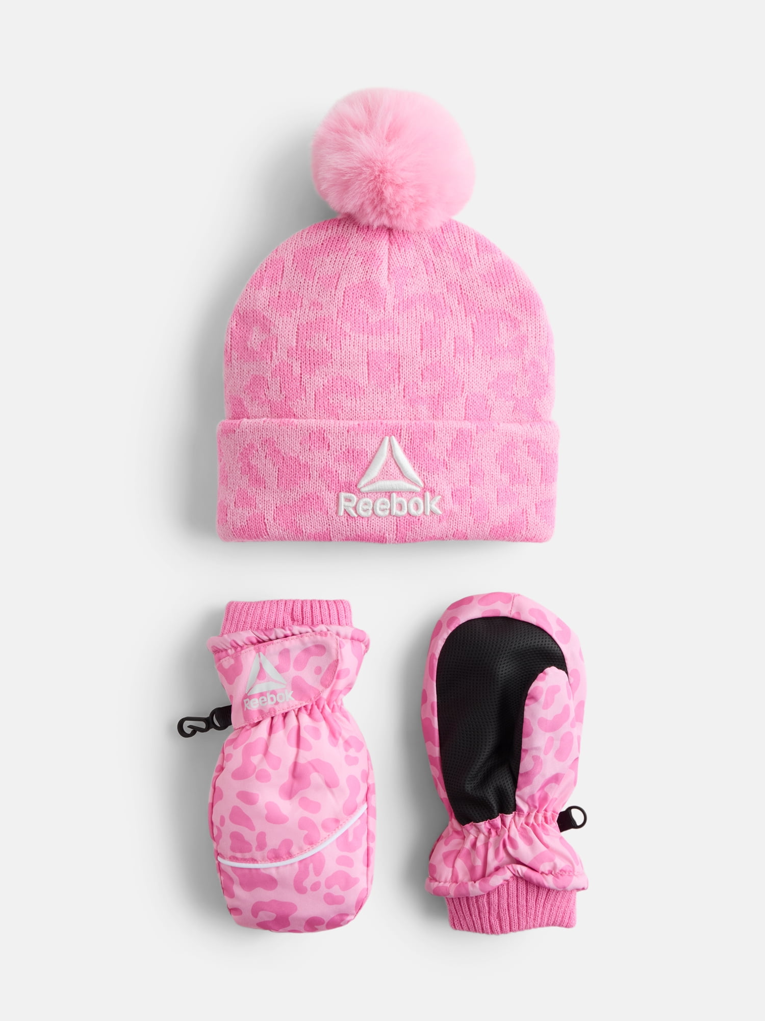 Reebok Toddler Girls' Beanie Hat and Sport Mittens Set, 3-Piece, One Size