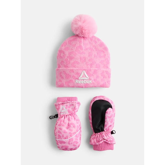 Reebok Toddler Girls' Beanie Hat and Sport Mittens Set, 3-Piece, One Size