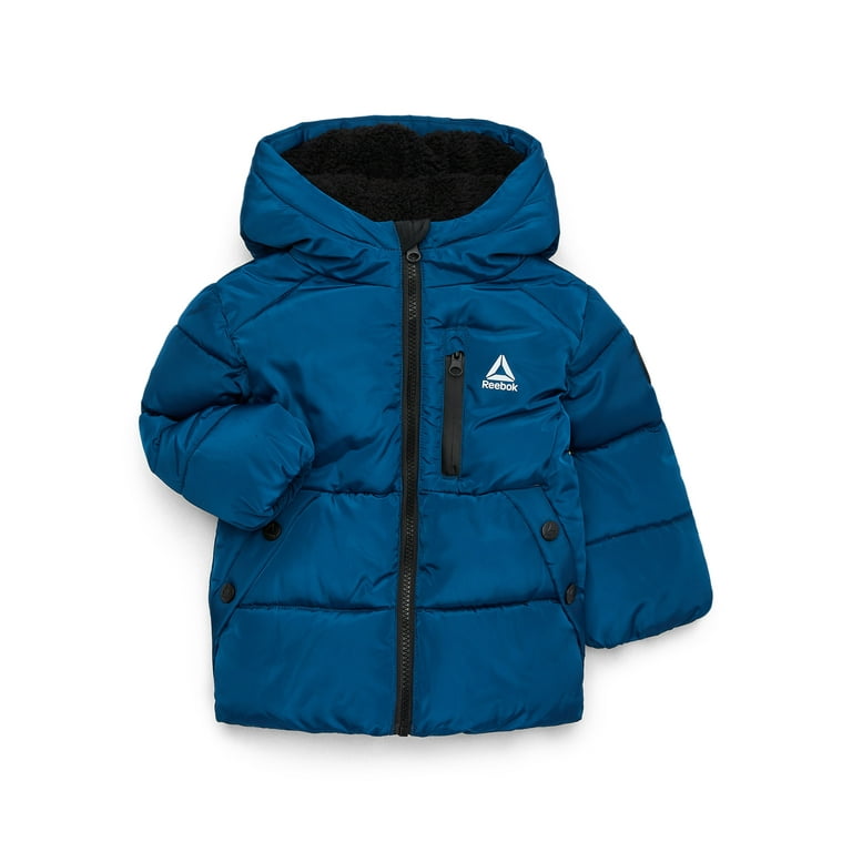 BLUE PUFFER COAT WITH HIGH COLLAR AND HOOD, CHILD BLUE PUFFER COAT WITH HIGH COLLAR AND HOOD, CHILD