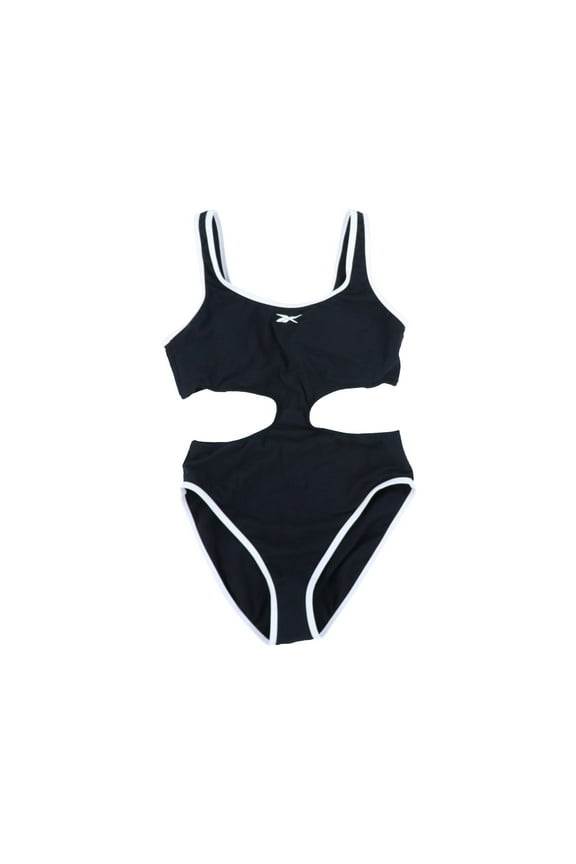 Womens One Piece Swim Suit Cutout Piping-Trim Black M