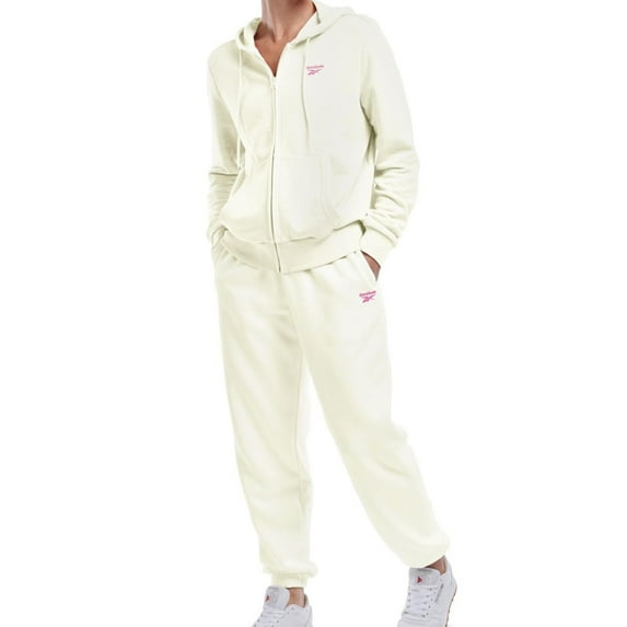 Reebok Womens French Terry Hoodie Sweatshirt, Off-White, Large