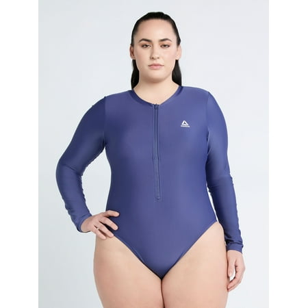 Reebok Women's Swim Long Sleeve Zip-Up One Piece Swimsuit with UPF 50+, Sizes XS-XXL
