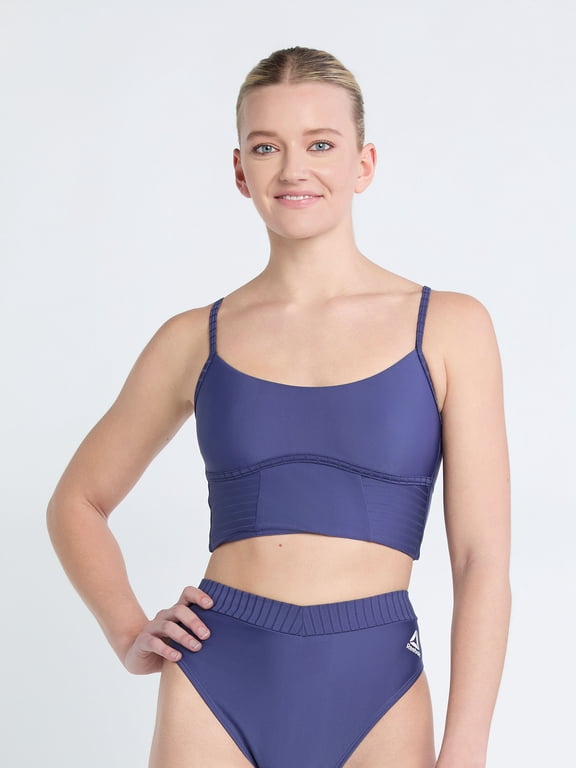 Women's Swim Spliced Rib Knit Long Line Bralette with Curved Underbust and UPF 50+, Sizes XS-XXL