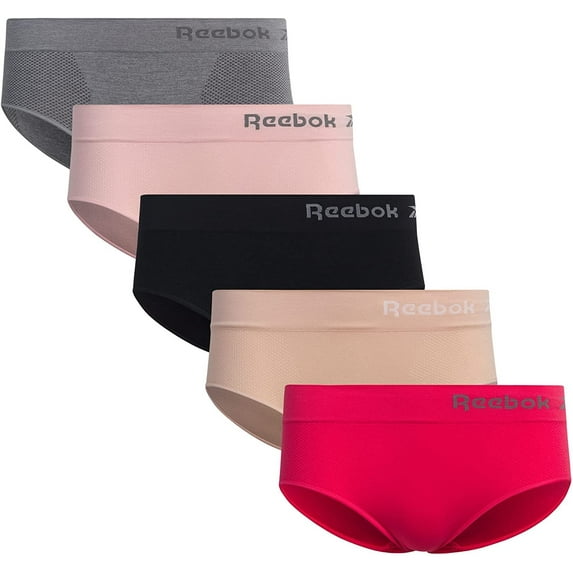 Reebok Women's Underwear - Seamless Hipster Briefs 5 Pack, Size Large, Grey/Pink/Dusty Pink/Black