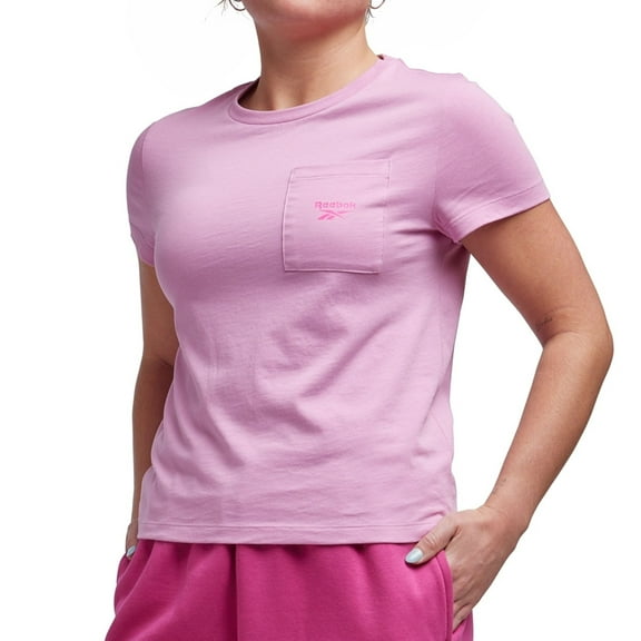 Reebok Womens Logo Pocket Graphic T-Shirt, Pink, X-Small