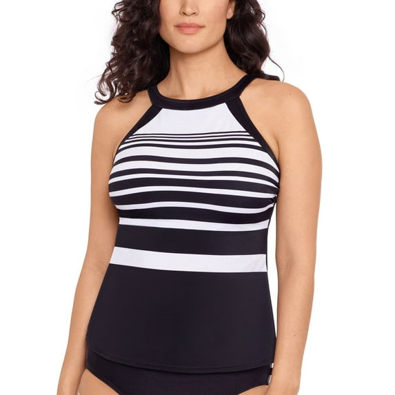 Reebok Womens Insta-Stripe Tankini Top,Black/White,16