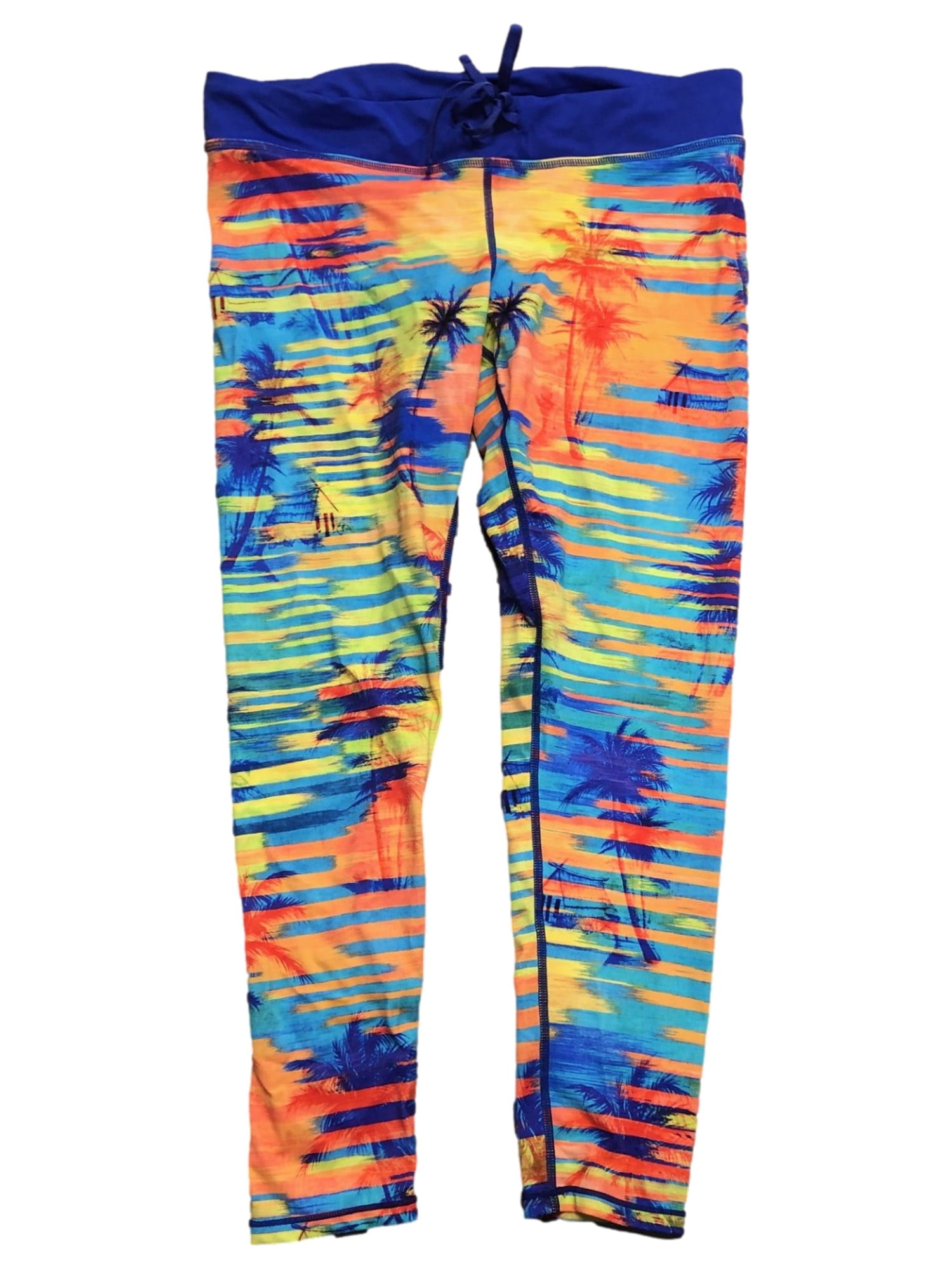Reebok Womens Orange Stripe Palm Tree Print Swim Leggings Bottoms Pants Large