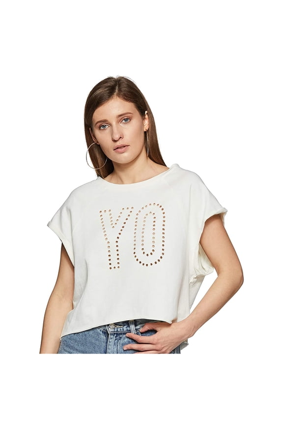 Womens Studio French Terry Embellished T-Shirt, White, Medium
