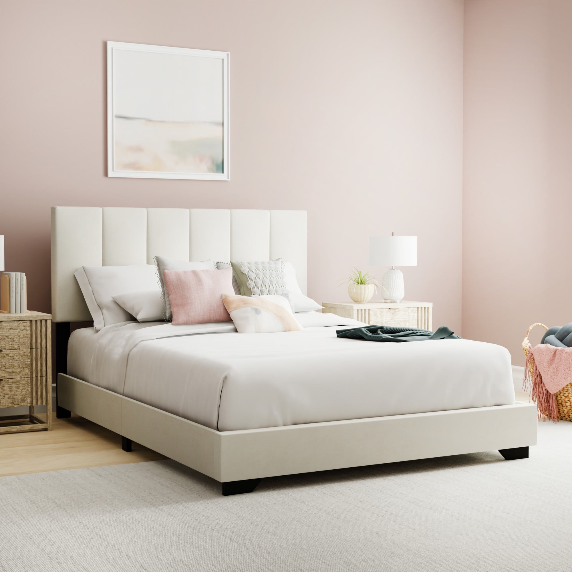 Reece Channel Stitched Upholstered Full Bed, Ivory, by Hillsdale Living Essentials