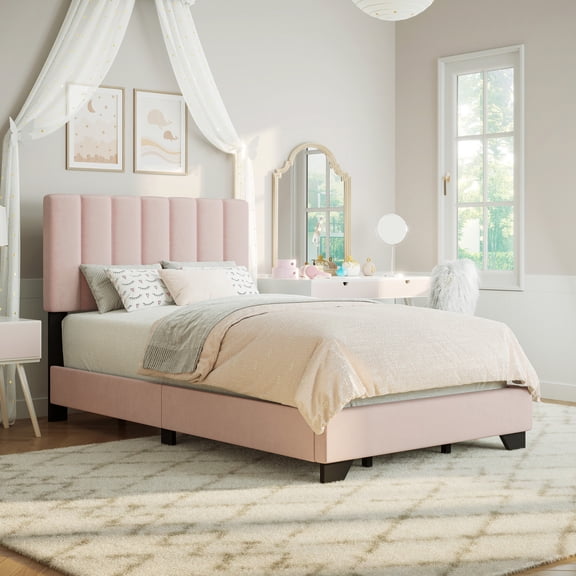 Reece Channel Stitched Upholstered Full Bed, Light Pink, by Hillsdale Living Essentials
