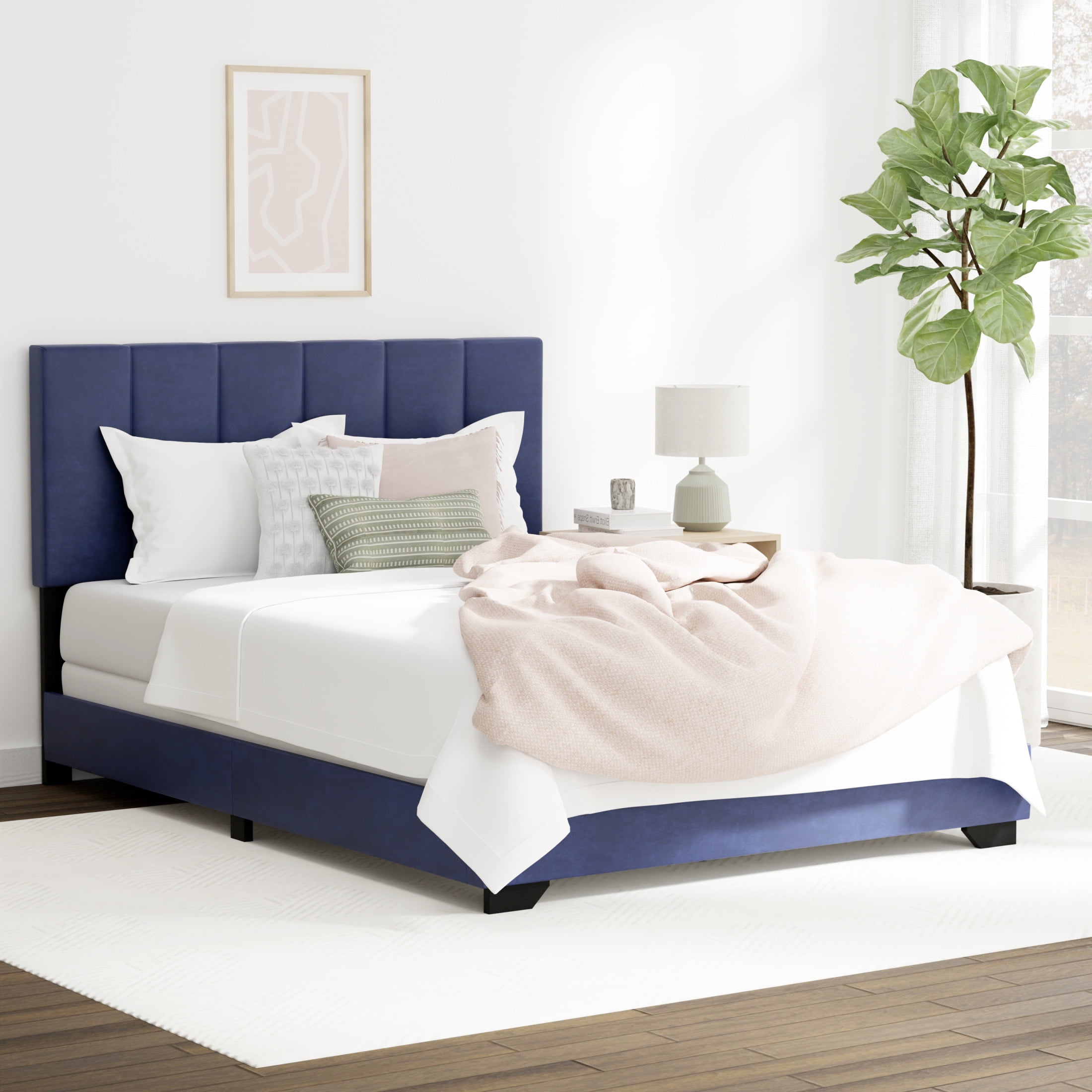 Reece Channel Stitched Upholstered Full Bed, Sapphire Blue, by Hillsdale Living Essentials