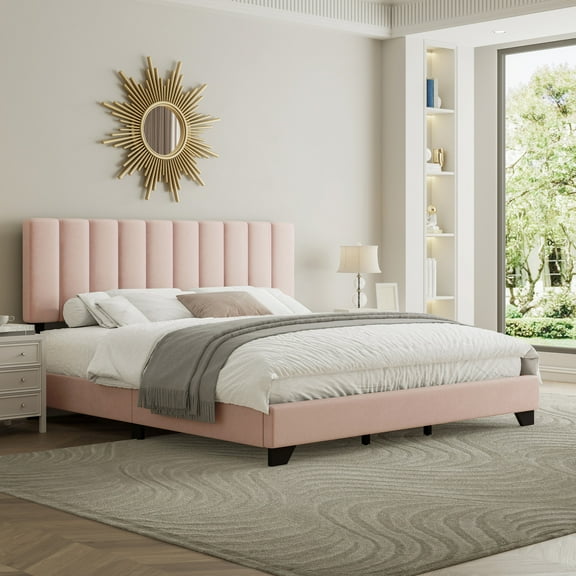 Reece Channel Stitched Upholstered King Bed, Light Pink, by Hillsdale Living Essentials