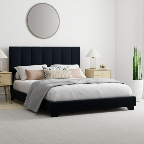 Reece Channel Stitched Upholstered Queen Bed, Black, by Hillsdale Living Essentials