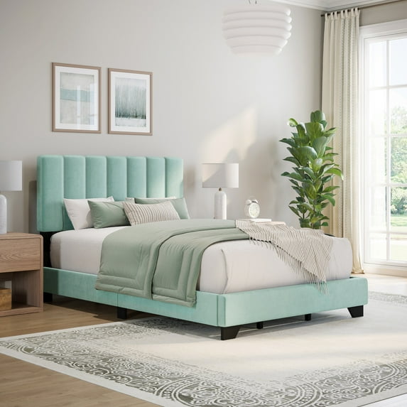 Reece Channel Stitched Upholstered Queen Bed, Caribbean Green, by Hillsdale Living Essentials