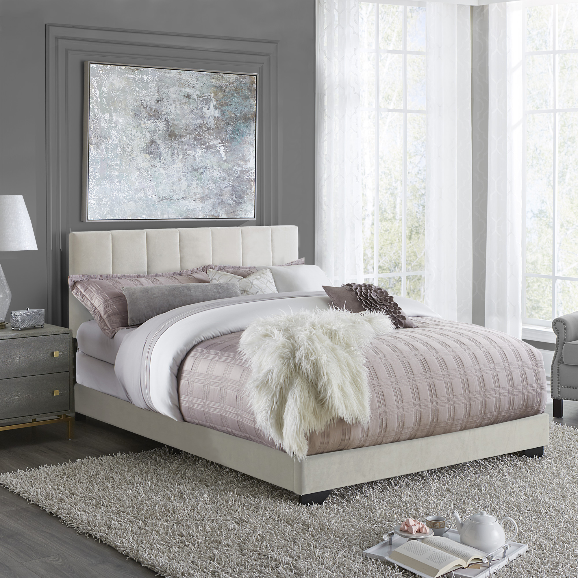Reece Channel Stitched Upholstered Queen Bed, Ivory, by Hillsdale Living Essentials - image 1 of 17