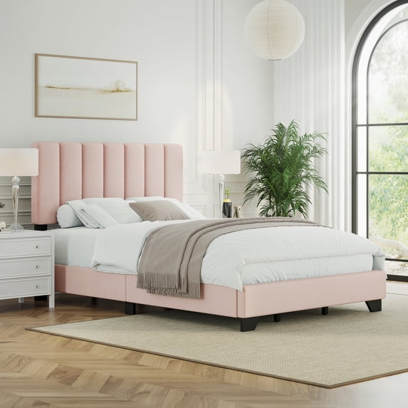 Reece Channel Stitched Upholstered Queen Bed, Light Pink, by Hillsdale Living Essentials