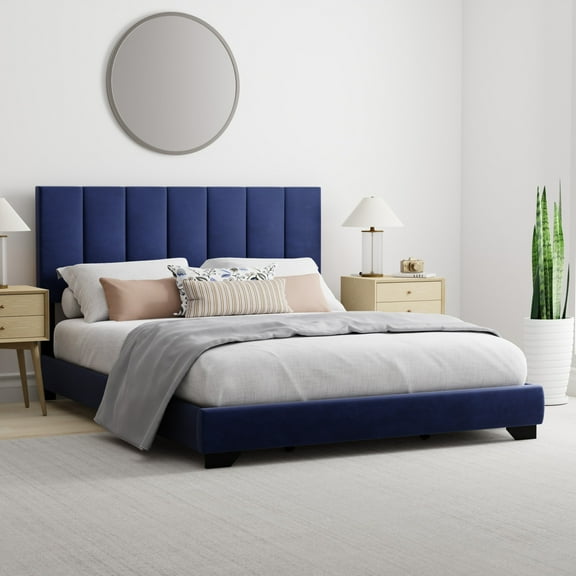 Reece Channel Stitched Upholstered Queen Bed, Sapphire Blue, by Hillsdale Living Essentials