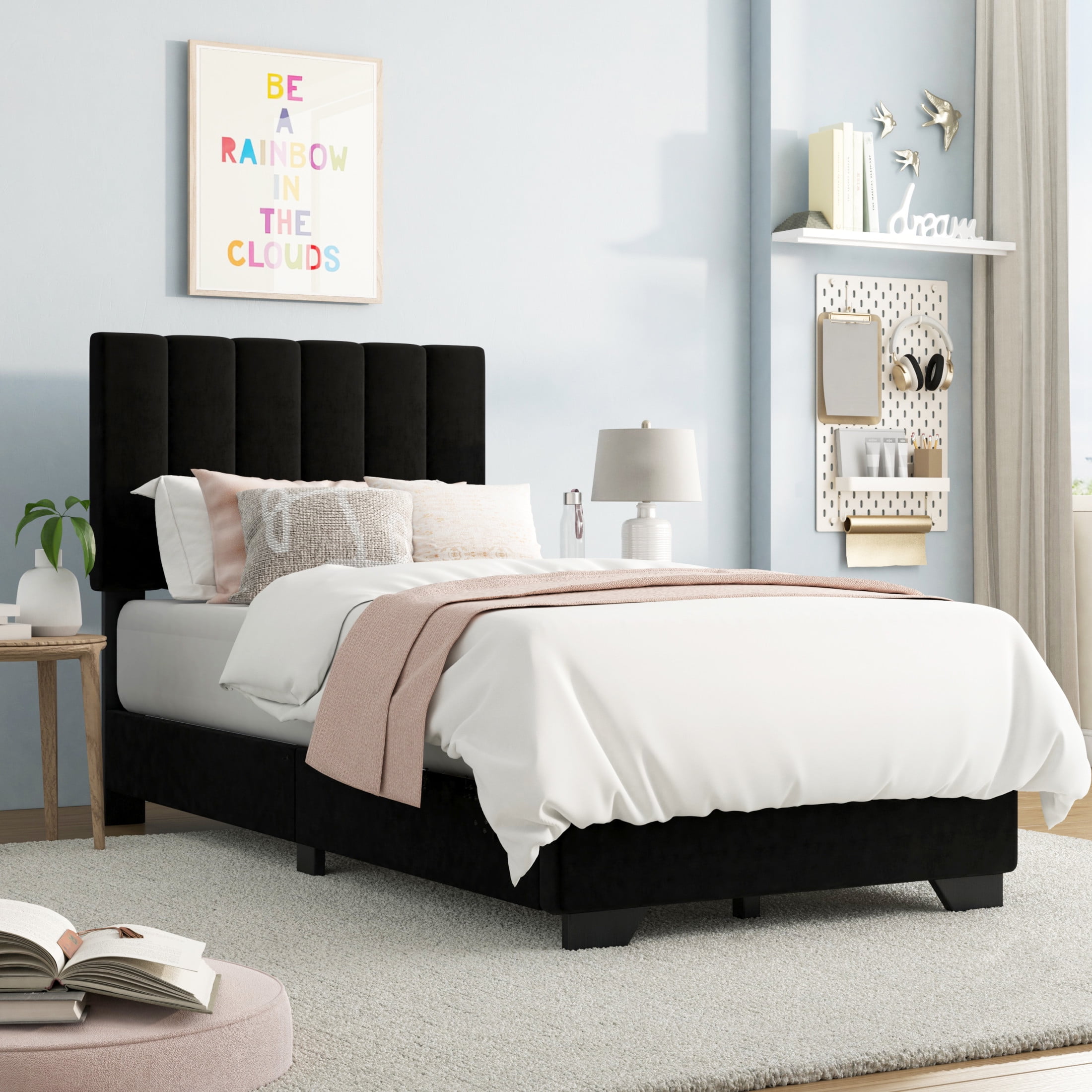 Reece Channel Stitched Upholstered Twin Bed, Black, by Hillsdale Living Essentials